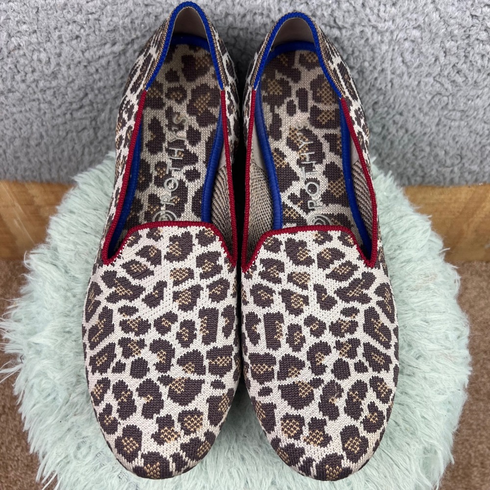 Rothys The Loafer Spotted Cat Leopard Print Flats Red Trim Womens 10